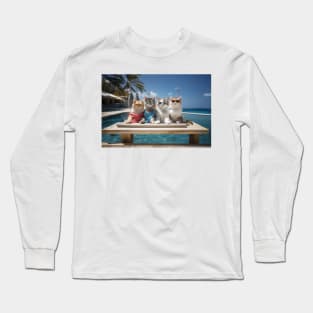 4 Cats Sunbathing Wearing Sun Glasses On a Wooden Deck Long Sleeve T-Shirt